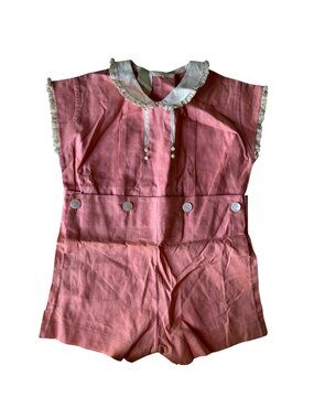 Vintage 1940s Childs Peach Pink Romper Shorts Lace Trim & Buttons 2 Piece
